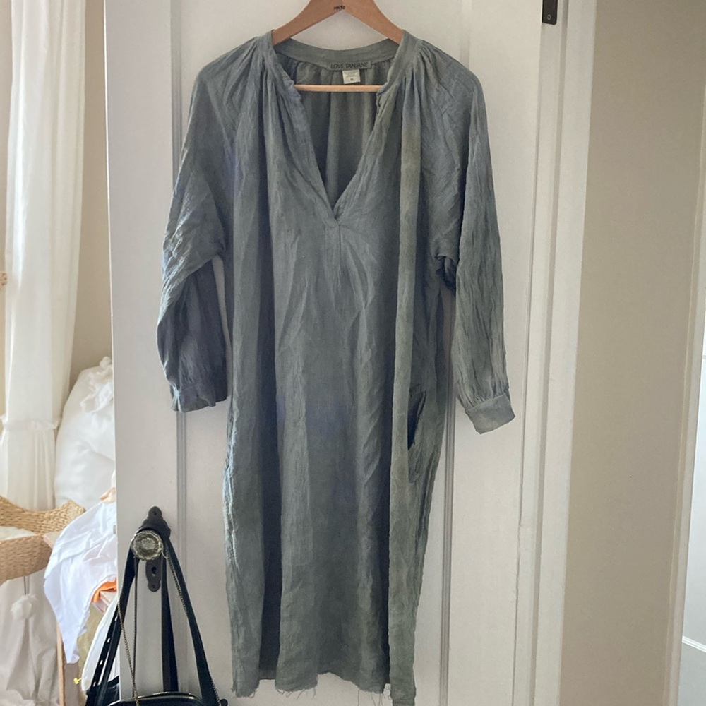 Tie Dyed Shirt Dress in shades of blue and green. Couple of dark spots in dye.